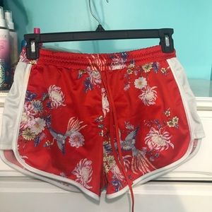 Athletic Hemmed Bird Print Satin Shorts
